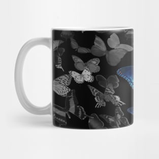 Black and White Flying Butterflies All Around Blue Butterflies Mug